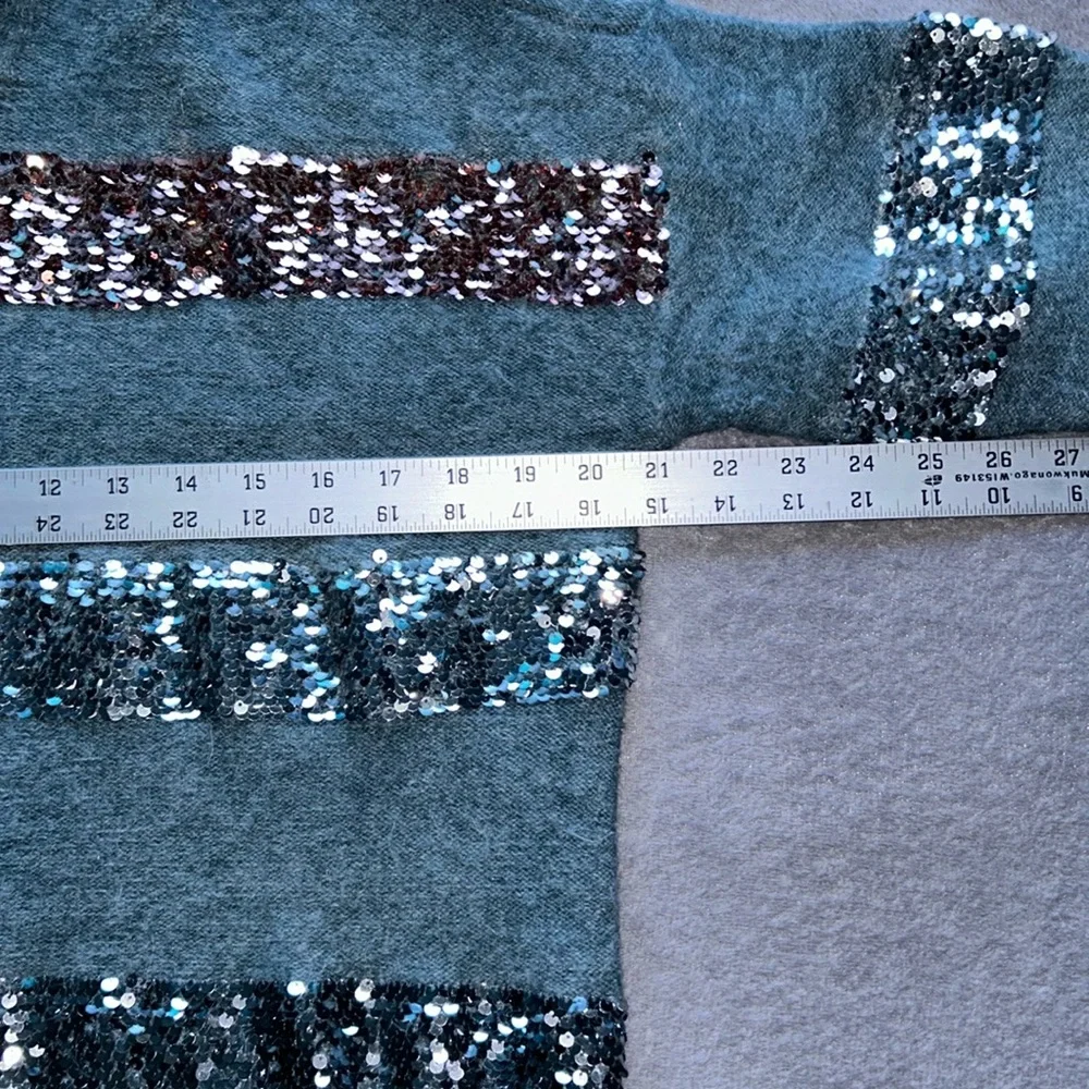 Nine West | Womens Fuzzy Knit Blue Sequin Stripe Hoodie Sweater - Size M - Picture 6 of 8